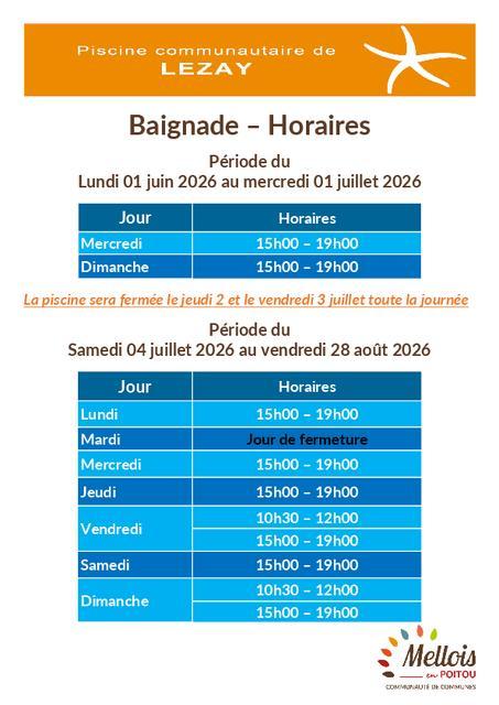 horaires piscine de Lezay