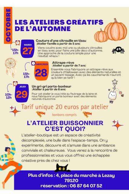 Ateliers créatifs les 27, 28 et 29/10